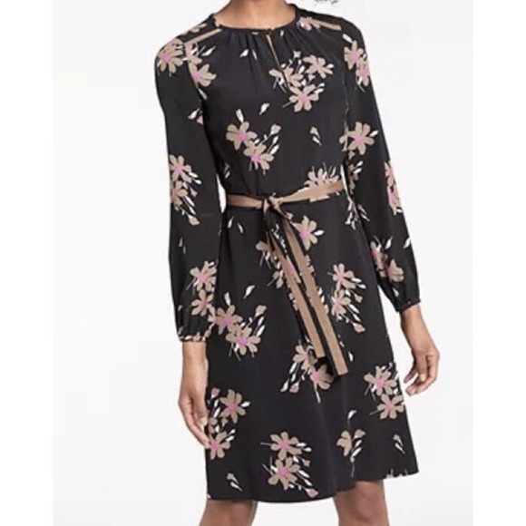 Boden Dresses & Skirts - Boden Mara Black Bramble Floral Split‎ Neck Belted Lined Long Sleeve Dress 6